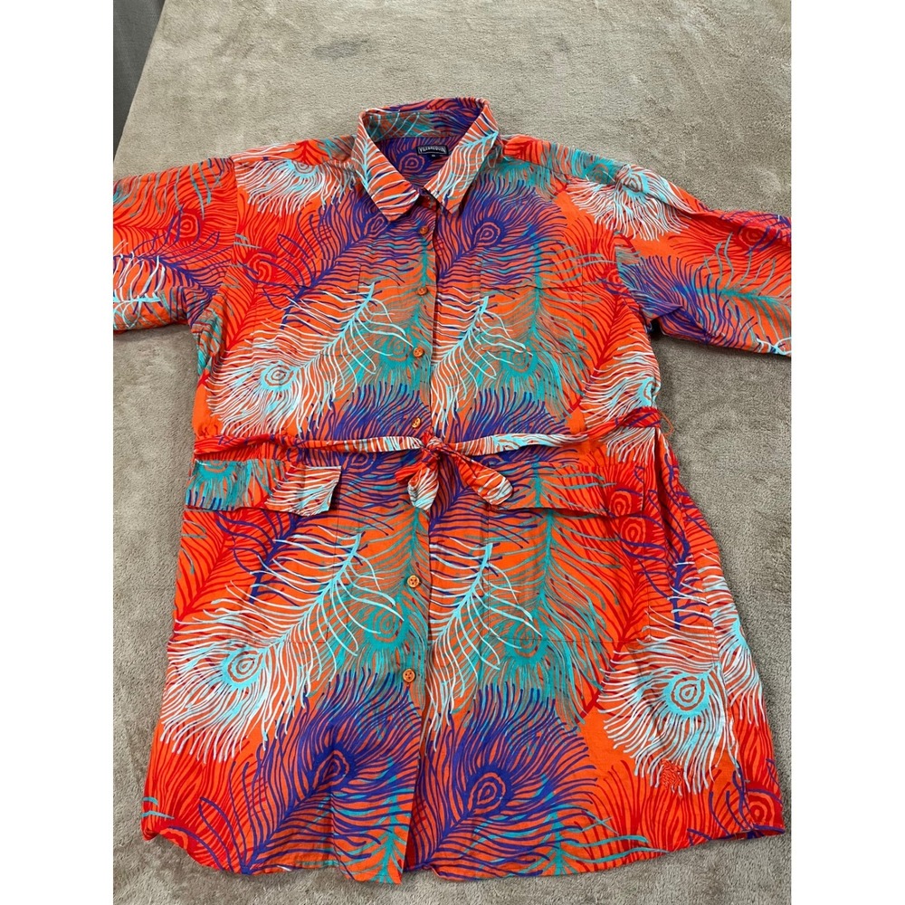 Vilebrequin Linen Blend Peacock Feather Print AOP Small Orange Belted Boho EUC